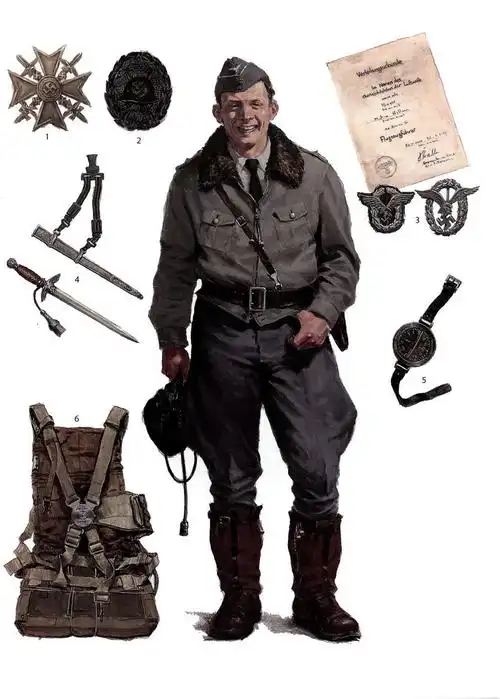 二战德国空军王牌飞行员和他的飞行装备,勋章和军官证