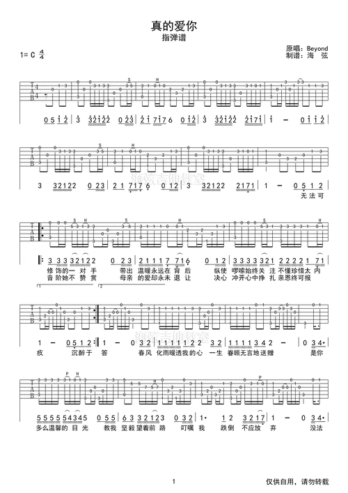 beyond真的爱你c调指弹版带打板拍弦吉他谱