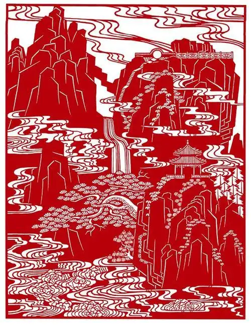 桂林山水象鼻山矢量剪纸图片王屋山水剪纸赏析王屋山水实景单色剪纸