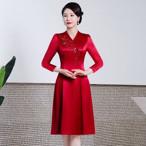 醋酸秋缎新款旗袍连衣裙婚礼妈妈装高贵喜婆婆服装婚宴