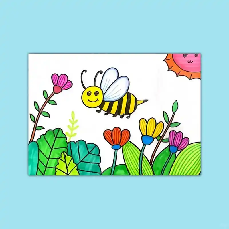 蜜蜂儿童画 花坛采蜜的小蜜蜂卡通画