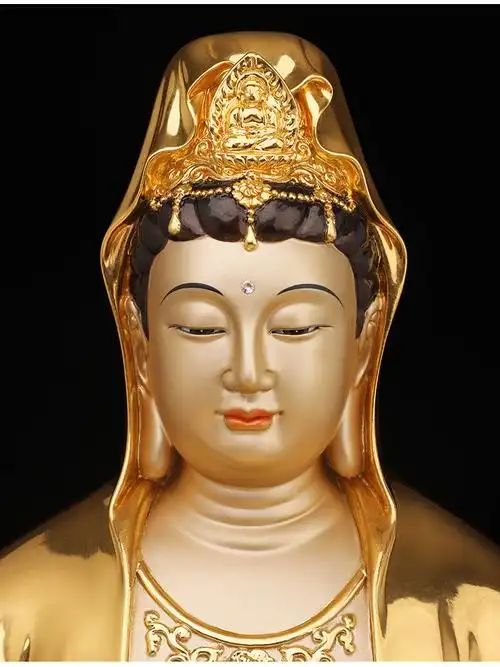 盛凡贴金箔自在南海观音佛像铜像纯铜金身家供禅定彩绘观世音菩萨摆件