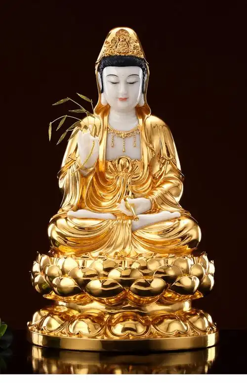 汉白玉石雕金镶玉观音佛像观世音南海坐莲观音家用客厅工艺摆件 12寸