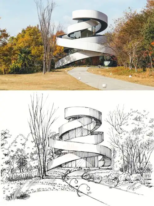 丝带教堂建筑设计手绘透视效果图91山坡民宿建筑设计手绘透视效果图