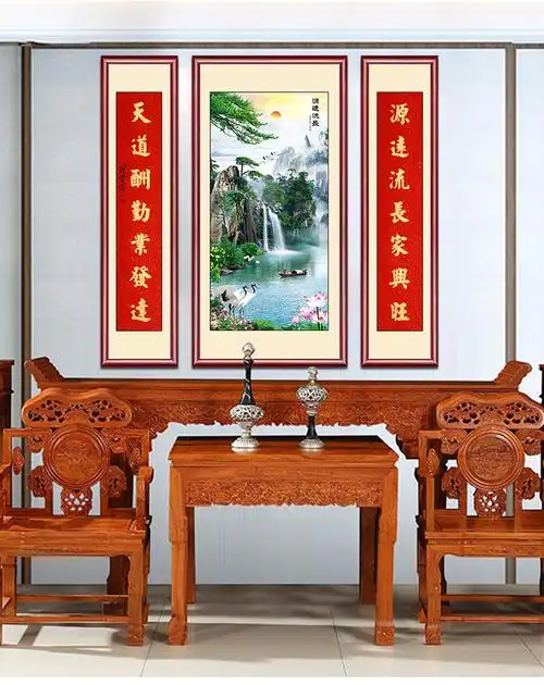 天尚喷画中堂画客厅挂画农村堂屋鸿运当头山水画装饰大气国画对联中式