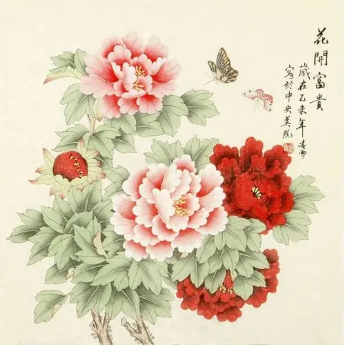 已售北京美协凌雪四尺斗方工笔花鸟画花开富贵