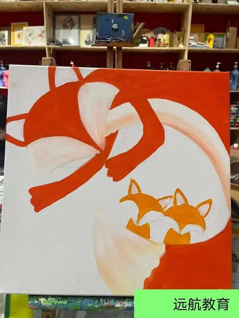 儿童水粉画一狐狸一家人作品适合6到9岁孩子,构图上打破了传 - 抖音