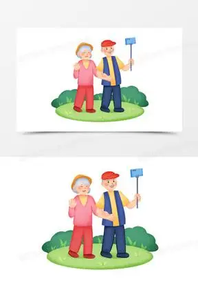 手绘卡通老年人散步自拍免抠素材