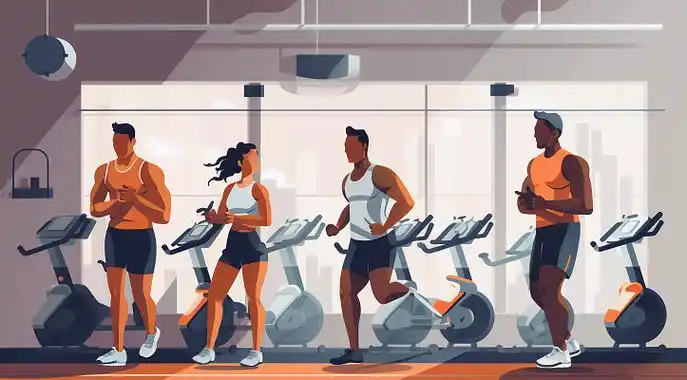 卡通手绘健身节插画健身房多人锻炼健身器材室内场景插画海报人物插画