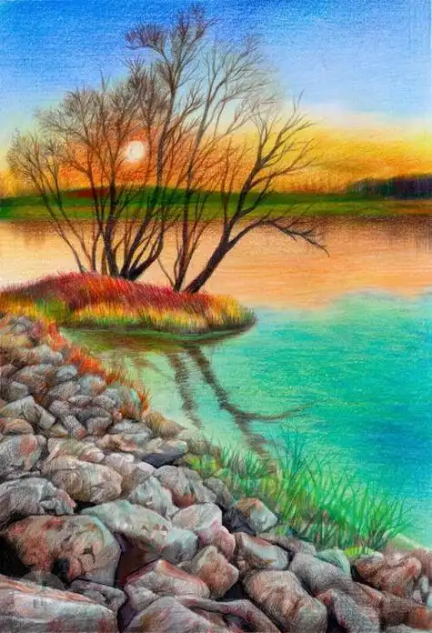 简笔画风景画彩色铅笔