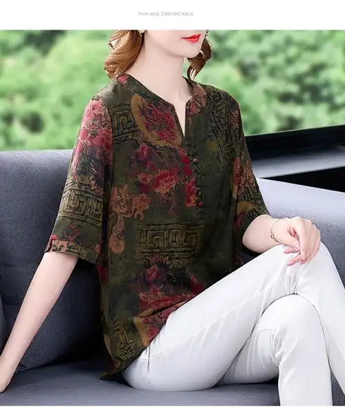 桑蚕丝上衣妈妈装50岁妈妈真丝中袖七分袖衬衫中老年香云纱大码女装