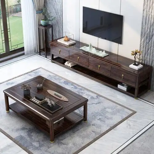 月影梳桐新中式实木电视柜现代轻奢高档乌金木黑檀色储物柜地柜客厅