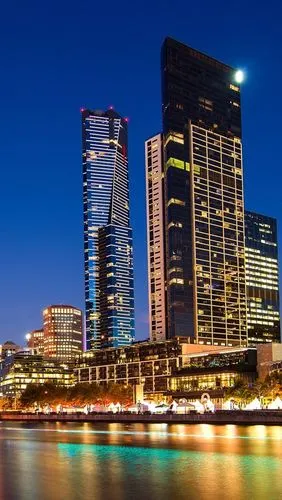 iphone 壁纸 澳大利亚墨尔本,夜晚城市景观,高楼林立,灯光,河,桥