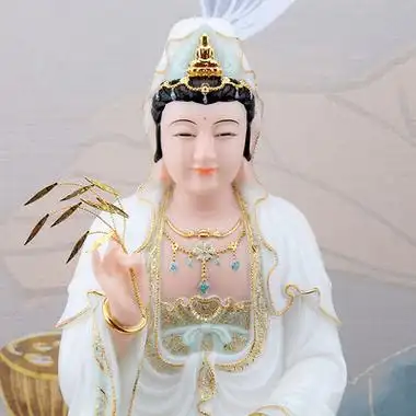 汉白玉观世音菩萨佛像彩釉娑婆三圣开光居家保平安观音客厅摆件