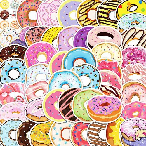 100张卡通可爱甜甜圈贴纸ins风美食甜点装饰手账桌面餐盒防水自粘