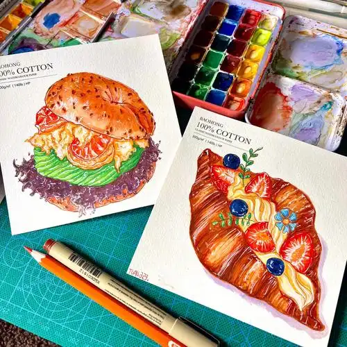 水彩美食手绘汉堡可颂面包画画附线稿