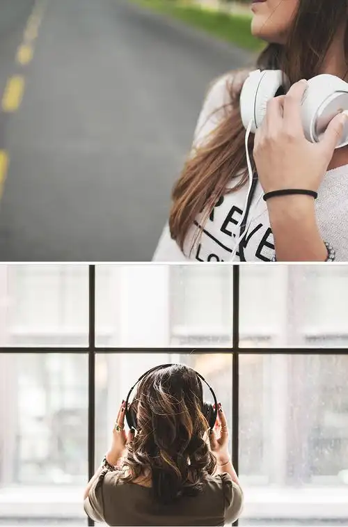 女孩窗前听音乐摄影图片