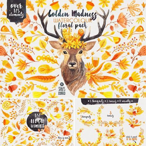 手绘森系水彩金色麋鹿驯鹿秋天蒲公英手账贴纸图美化png免抠素材