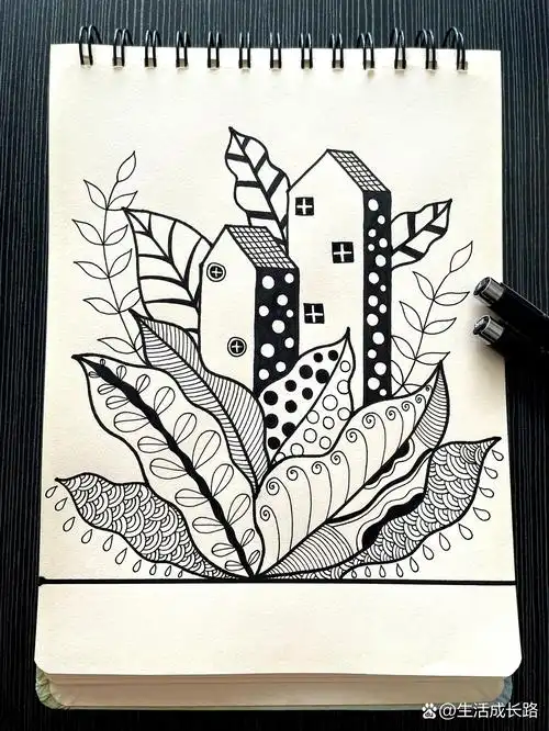 黑白线描画 植物房子 临摹 简单易画