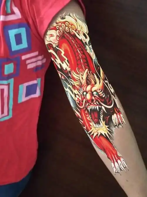 花臂纹身贴男_大花臂贴纸火麒麟全臂纹身贴防水男女逼真动物遮疤痕