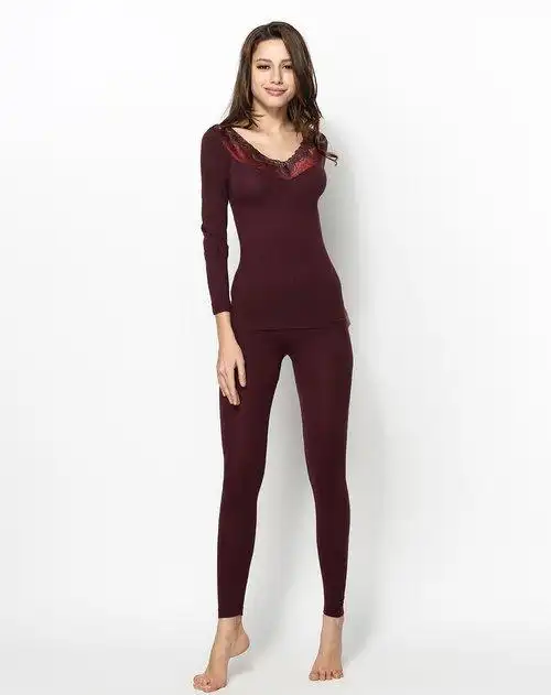 婷美 酒红美体花边v领莫代尔薄款内衣套装