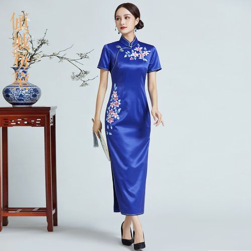 旗袍女年轻款中国风夏季绣花刺绣旗袍真丝长款旗袍裙蓝色宴会礼服