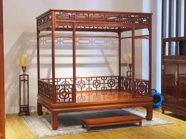 缅花大王红桥红经典复刻明式家具研究黄花梨六柱架子床