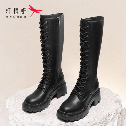 红蜻蜓女鞋冬季新款显瘦骑士靴时尚系带长筒靴增高保暖靴wtc32125