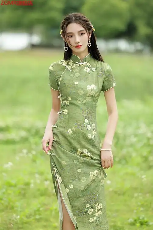 636665高档品牌zgmr绿色旗袍长款夏季2022年新款复古中国风老