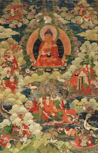 清 十八罗汉渡海图唐卡 卷轴 设色绢本