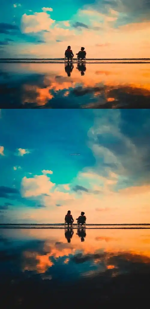 04690_黄昏下一对恋人坐在海滩上海水倒映着他们的影子人物素材设计.