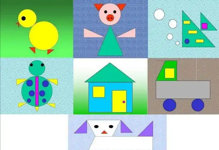 让孩子说一说上面的拼图有哪些图形拼成?