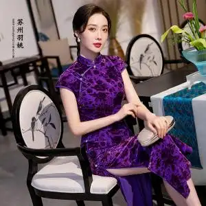 民国复古风紫色真丝丝绒旗袍2021年老上海气质性感长款改良连衣裙