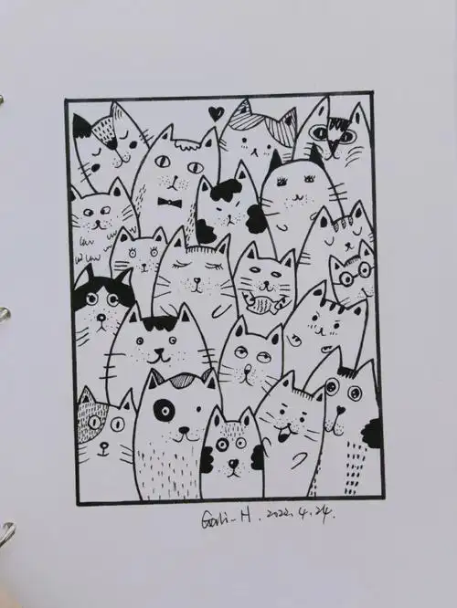 424猫咪即兴涂鸦黑白简笔画叠叠乐手绘