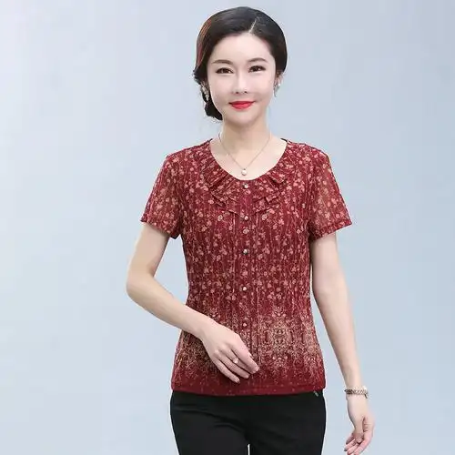 凯斯台湾网纱时尚女装妈妈修身夏季短袖速干红花上衣中老年女装 原价