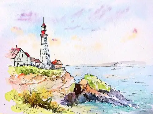 钢笔淡彩灯塔风景画步骤图
