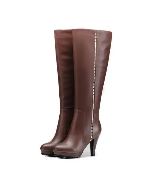 红蜻蜓 浅棕色高跟防水台头层牛皮/pu长靴