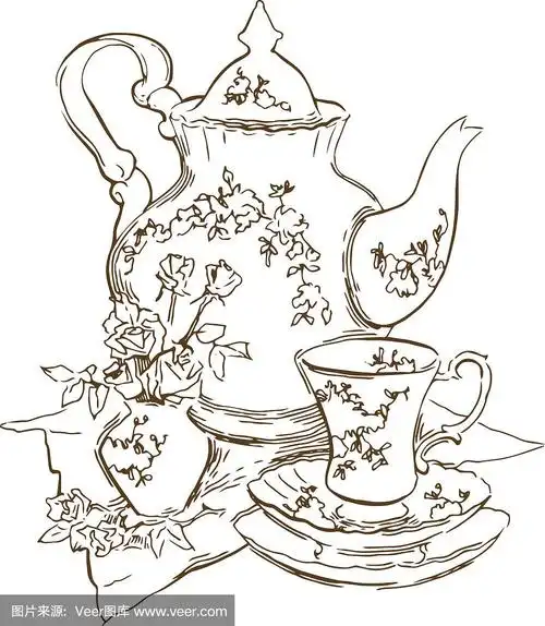 茶具手绘草图.矢量插图.