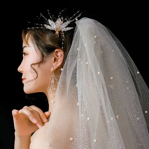 新娘头纱抖音闪亮手工珍珠结婚主婚婚纱配饰头纱