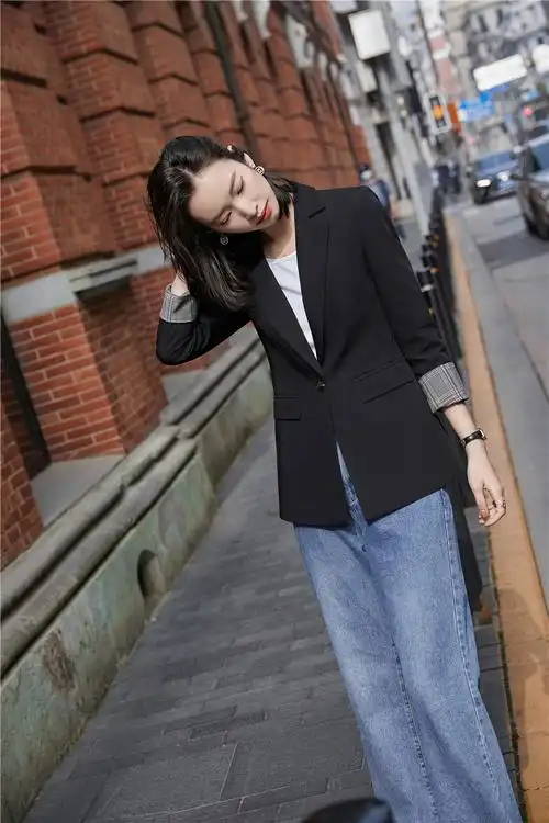 6007##实拍秋冬新款小西装外套女装休闲裤西服上衣搭牛仔裤女大码 - 1