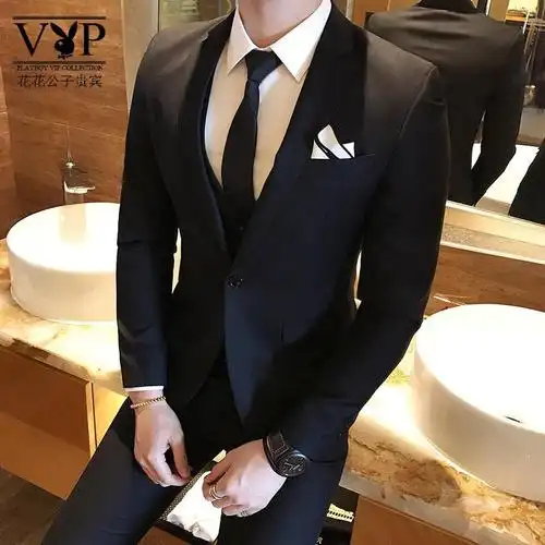 绅士英伦韩版修身西服套装男士西装三件套休闲商务正装结婚礼服潮