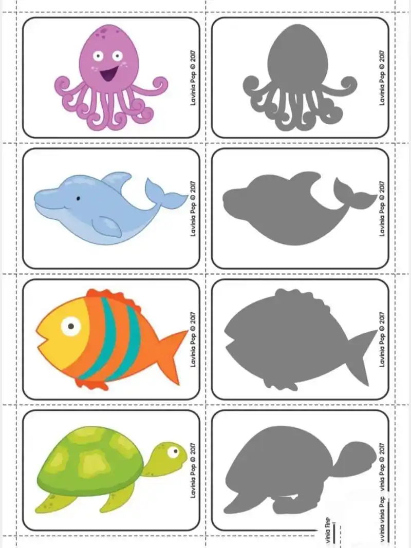 益智区素材:海洋动物影子配对 可爱的海洋动物影子配对,直接打印.
