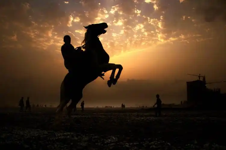 一个人,横图,室外,度假,日落,马,巴基斯坦,骑马,朦胧,模糊,云,黄昏