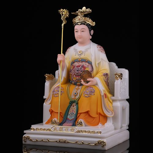 圣母彩绘九龙神像供奉汉白玉娘娘三圣龙母佛像摆件