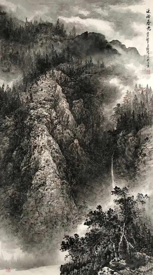 中国美协会员:王梓晖水墨山水画峰峦叠嶂,观山听泉_作品