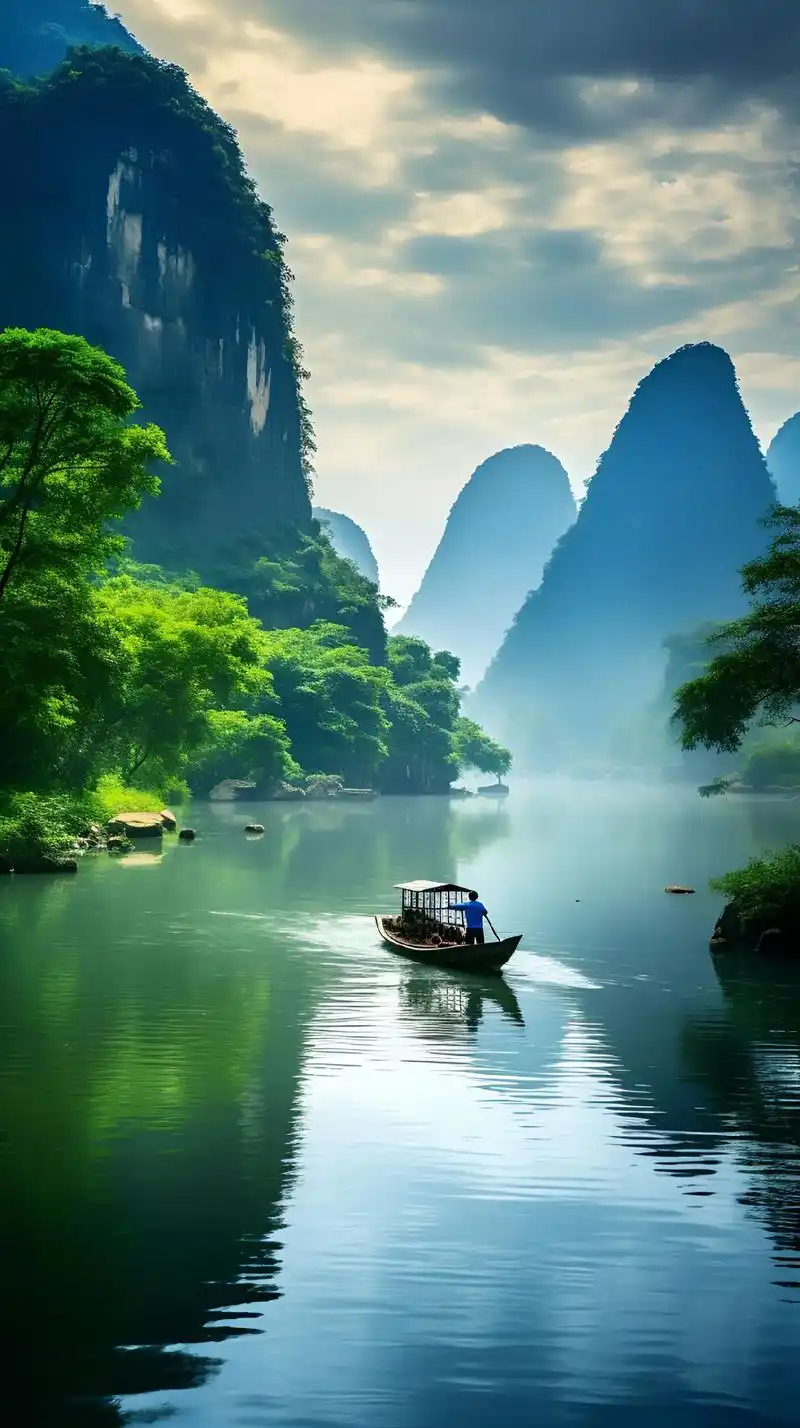 桂林山水甲天下.桂林漓江的景色令人流连忘返. 宁静的蓝天下, - 抖音