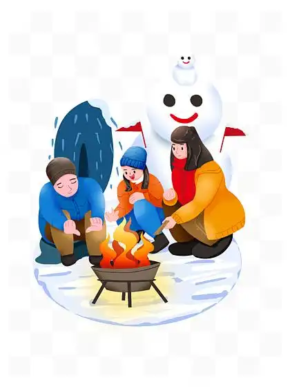 i>冬 /i> i>季 /i>扁平家人一起烤火堆雪人