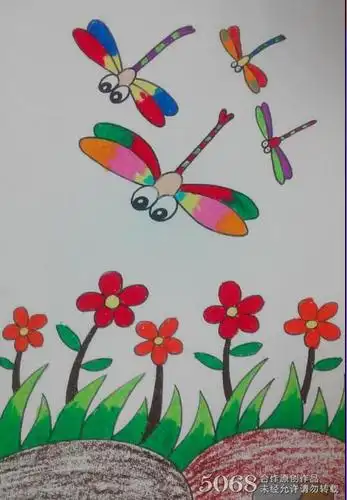 花丛飞舞的小蜻蜓水粉画_儿童画的作品图片观赏