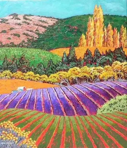 的田园画色彩鲜明,似天上彩虹坠落田间,将整片的田园染出了七彩色