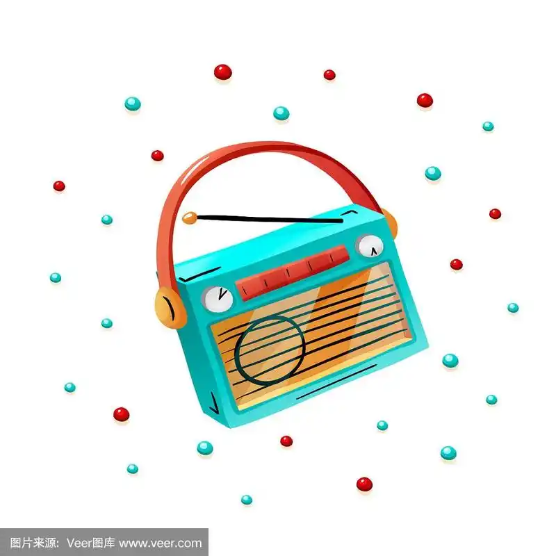复古便携式收音机在卡通涂鸦风格,矢量插图上的白色背景